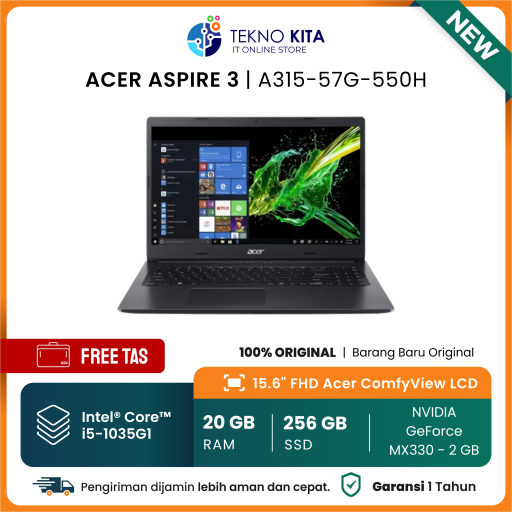 Laptop Gaming Acer Core I5-1035G1 | RAM 20GB | 256GB SSD | Nvidia GeForce MX330 2GB | 15.6" FHD | Ga