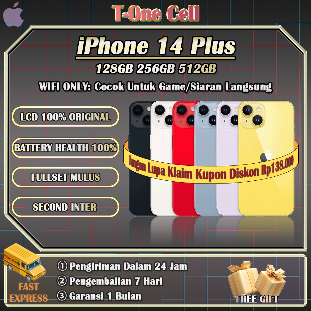 iPhone 14 Plus SECOND BEKAS 100% ORI 128/256/512GB INTER, Diskon Besar, Segera Pesan