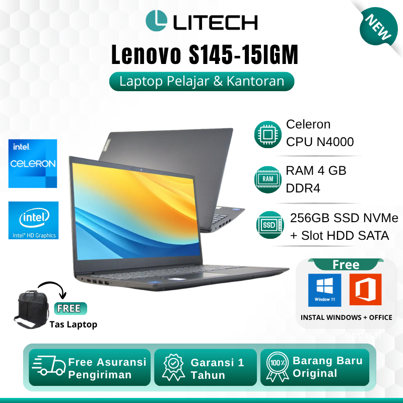 PROMO LAPTOP LENOVO S145 INTEL N4000 RAM 8GB 512GB SSD LAYAR BESAR 15.6" HD - LAPTOP BARU