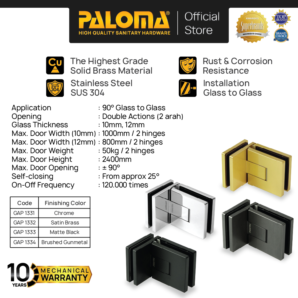 PALOMA Engsel Shower Hinge Pintu Kaca Kamar Mandi Jepit Penjepit Partisi Box Kaca ke Kaca Glass to G