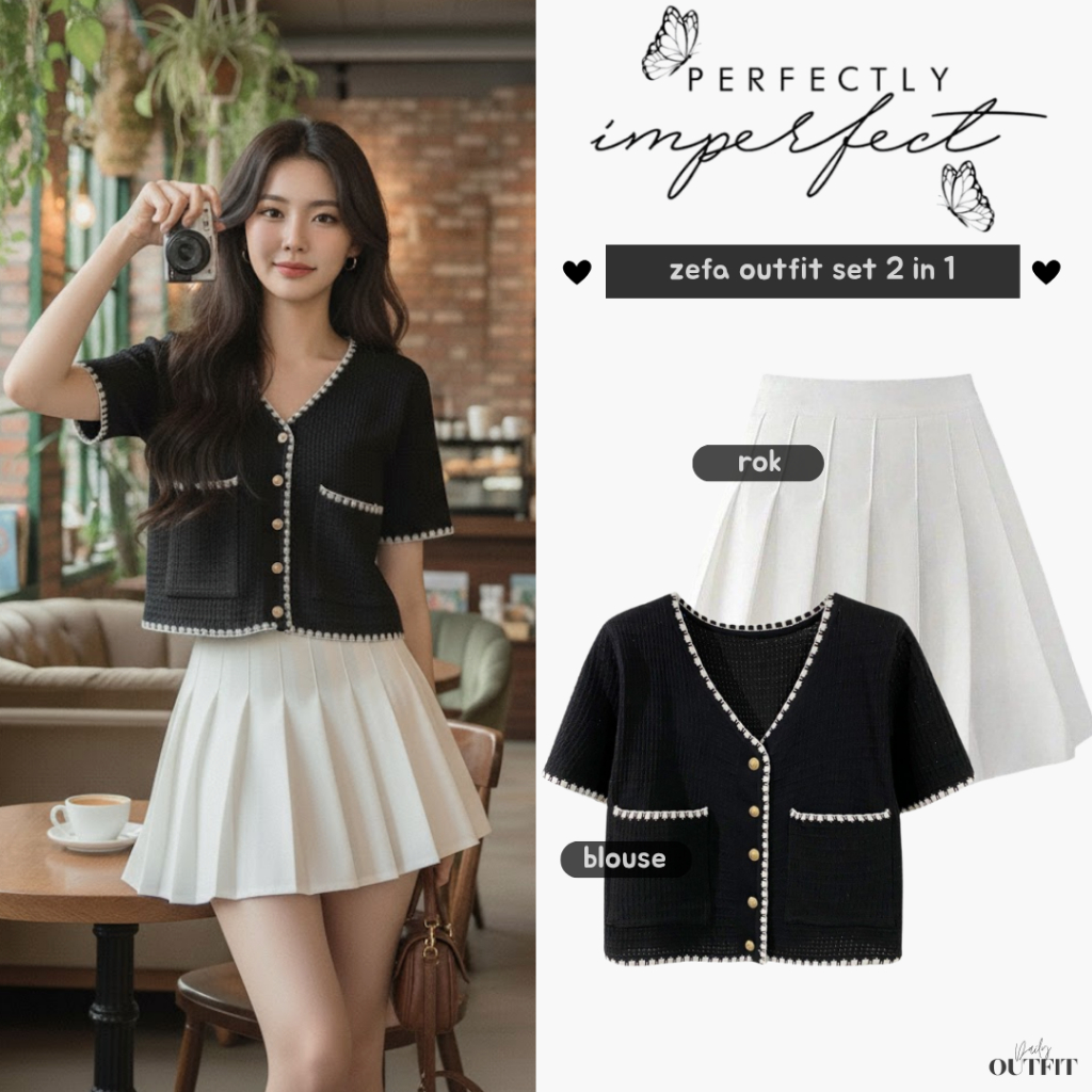 Outfit Korean Style 2IN1 Kekinian ( Blouse Korea + Rok Mini Pendek ) Baju One set OOTD Zefa
