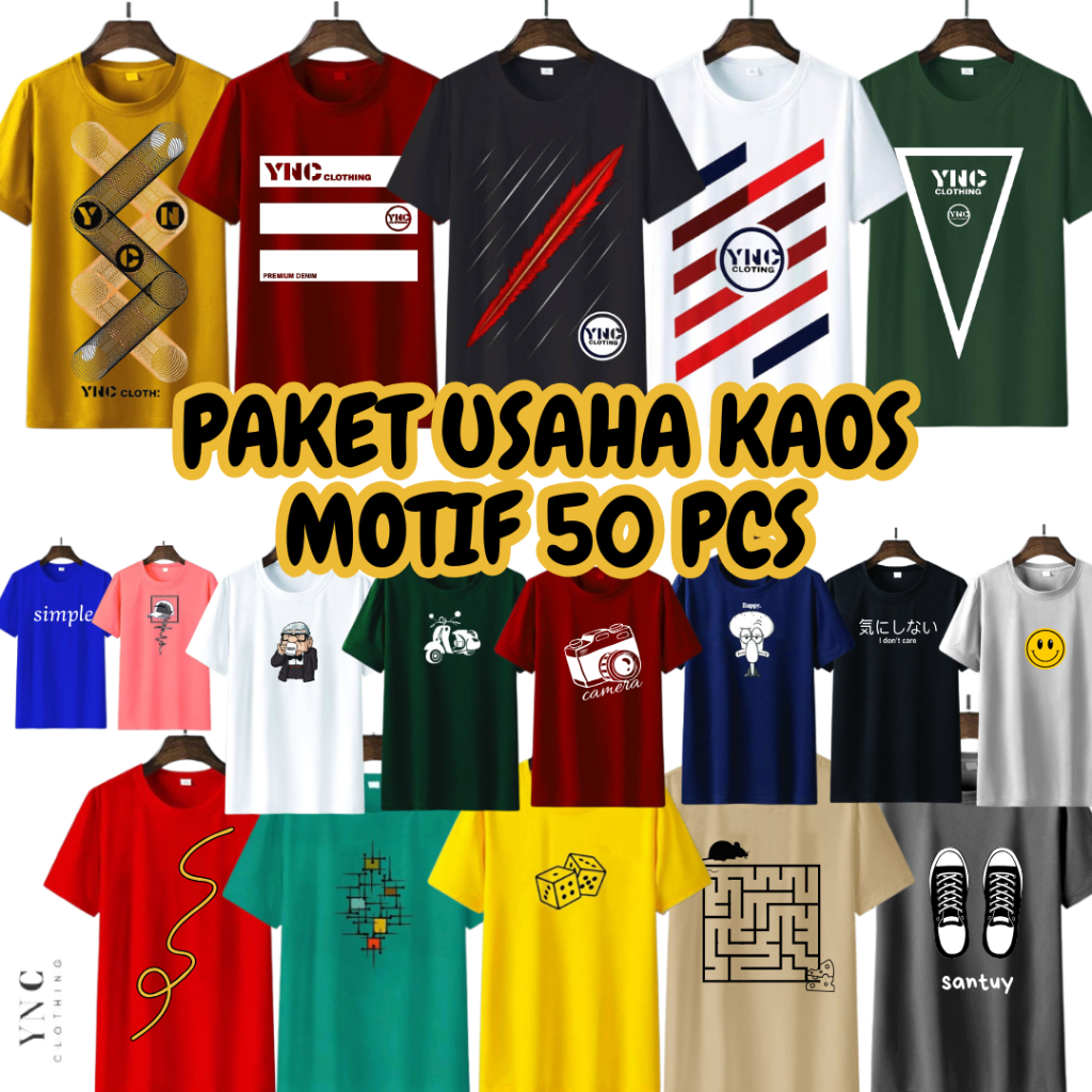 Paket Usaha KAOS MOTIF 50 PCS Lengan Pendek - Baju Baru - Pria wanita