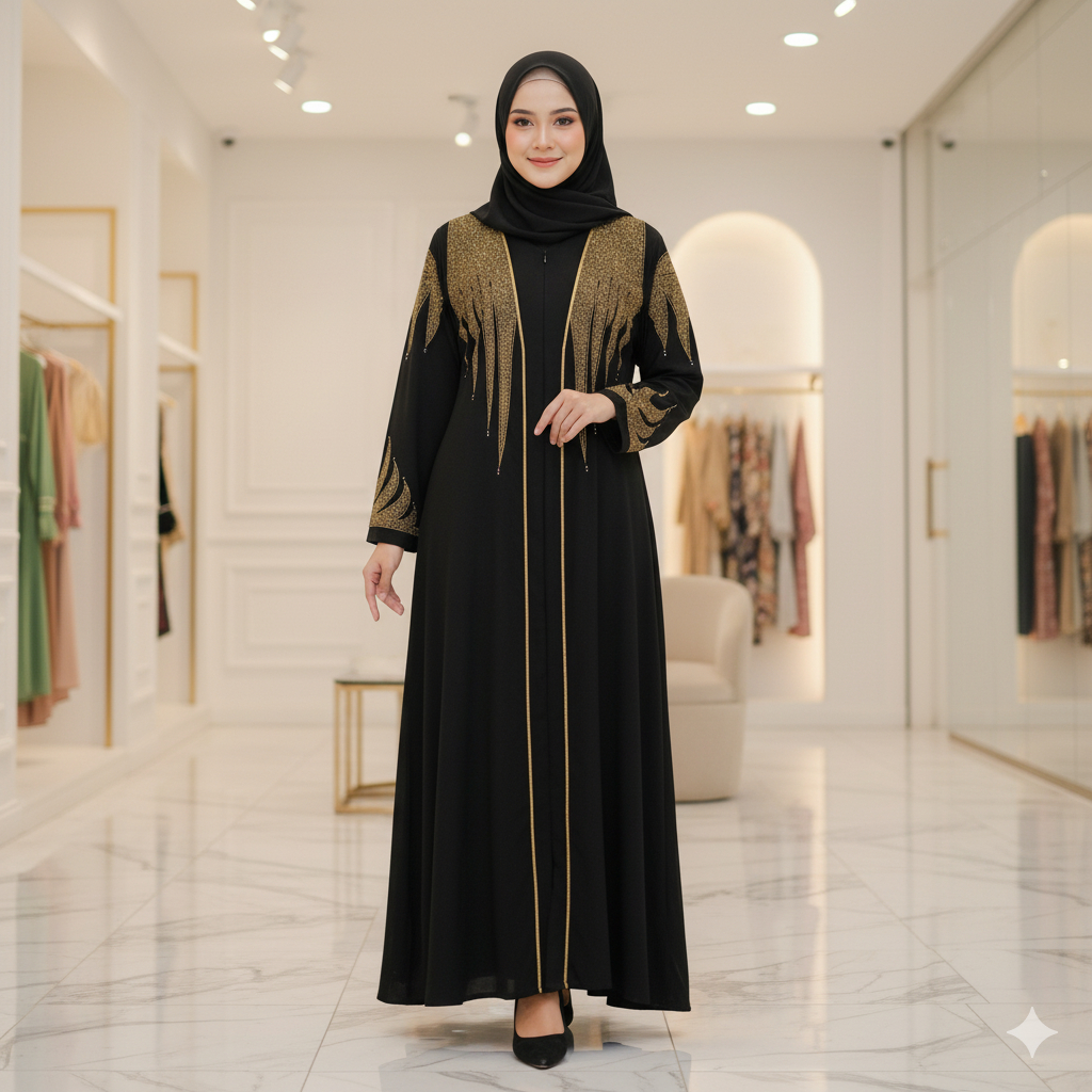 Baju Gamis Abaya Hitam Turkey Mewah Busui Dubai 445 Dress Wanita Muslimah Arab Syari Kain Jetblack B