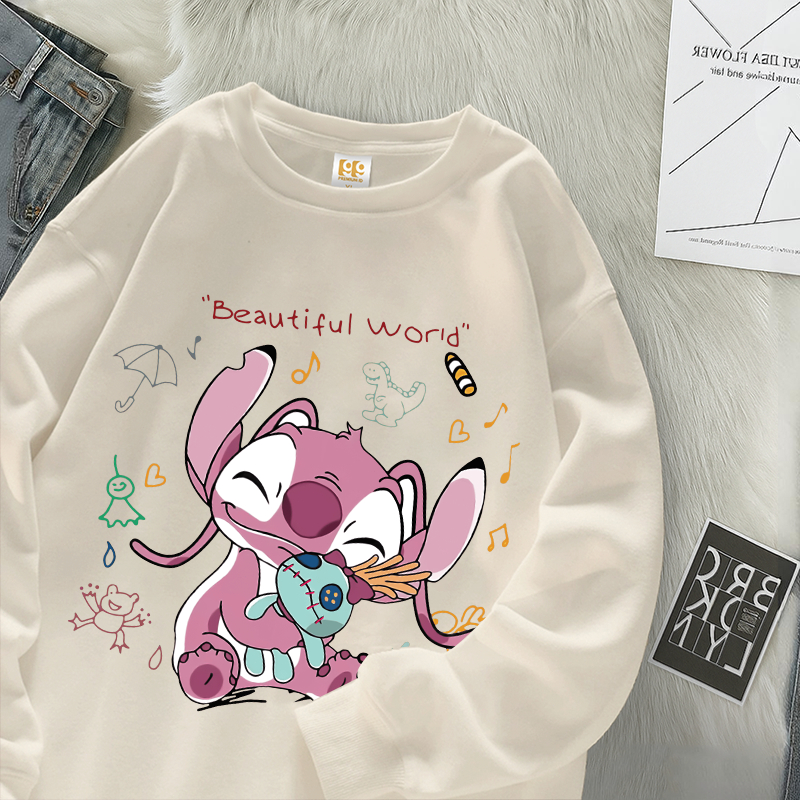 99Premium  - Kaos Lengan Panjang Tangan Karet Motif Stitch Pink Baju Kaos Oversize Unisex Pria & Wan