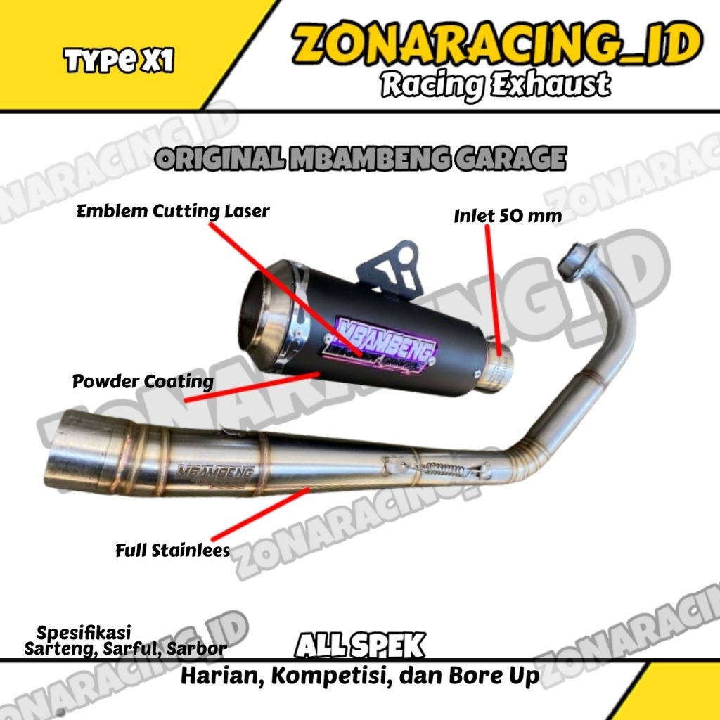 Knalpot Racing Original MBAMBENG GARAGE Type X1 Inlet 50mm FullSystem PNP All Motor 4tak, Cocok buat