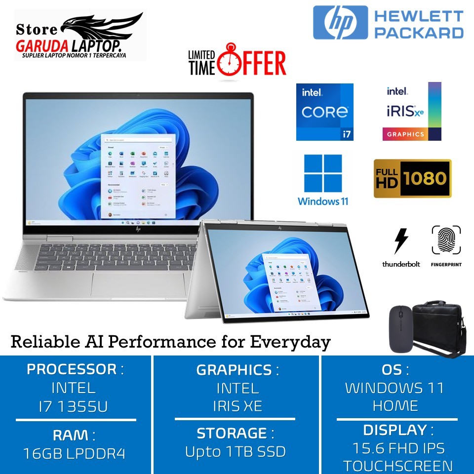 LAPTOP 2IN1 HP ENVY X360 15 INTEL I7 1355U 16GB 1TB SSD FHD IPS TOUCHSCREEN BACKLIT WIN 11 HOME
