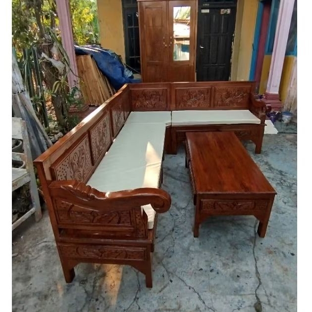 Kursi sudut kayu jati- kursi + matras -kursi kayu jati