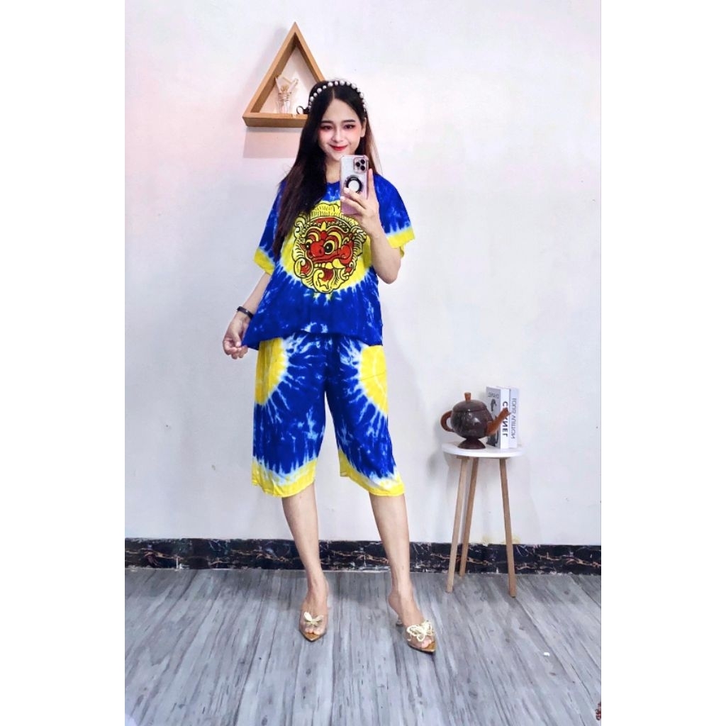 [1 SET] COD Setelan barong bali motif abstrak celana pendek 7/8 all size bb 70kg bahan rayon premium