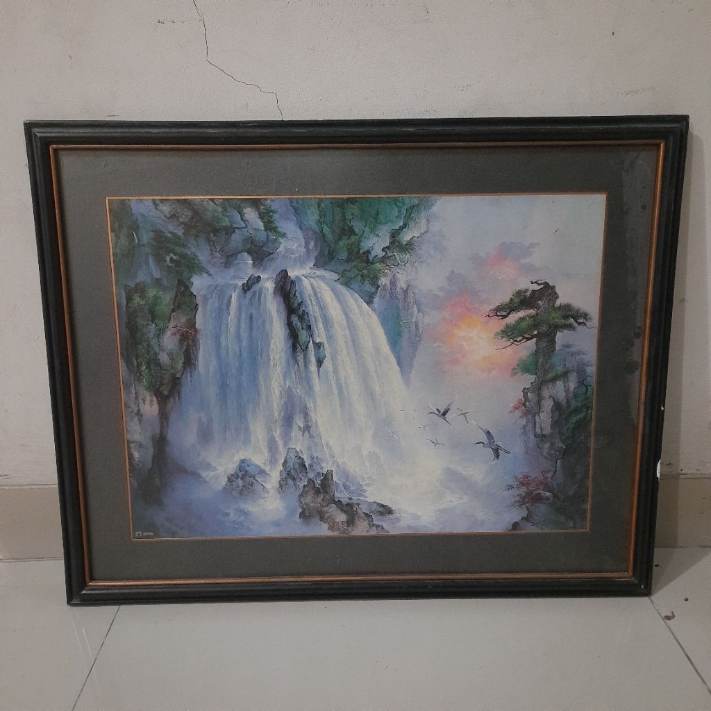 Lukisan Printing Pemandangan Alam Bingkai Kaca Vintage