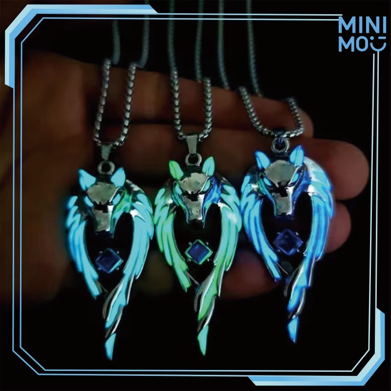 Kalung Viking Serigala Bercahaya dalam Gelap untuk Cosplay Kalung Pria Unisex Liontin Kepala Serigal