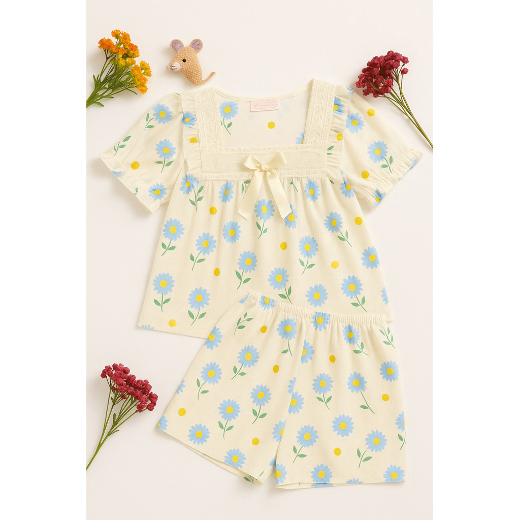 Set Piyama Crinkle Motif Bunga Daisy