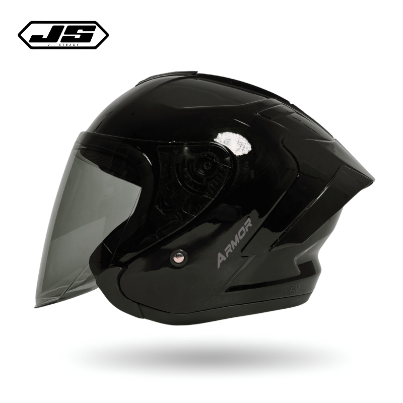 Helm JS Armor Ori Black Glossy - Helm Half Face - Helm Pria Keren Anti Silau Paket Ganteng sudah SNI