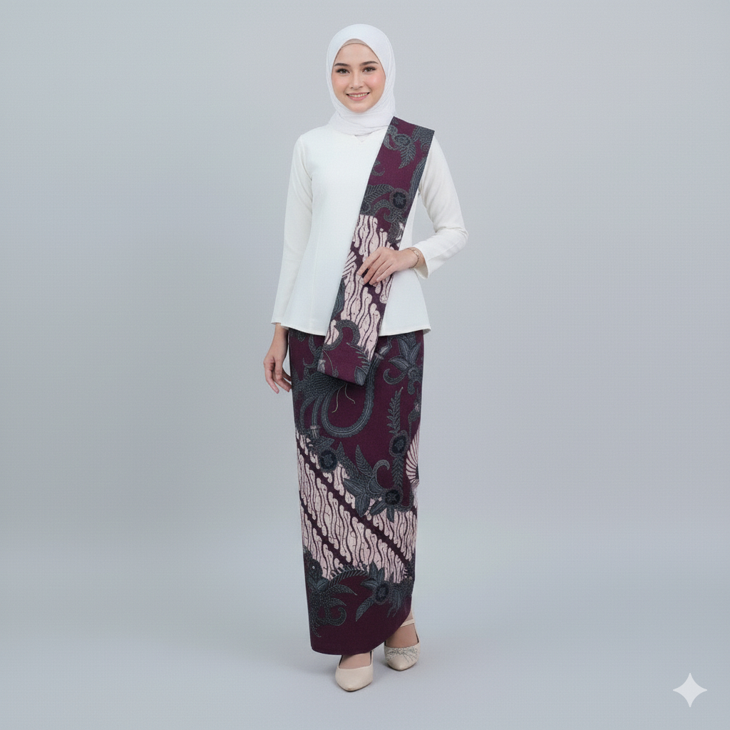 RBS Batik - Rok Batik Wanita Suryandika Slimfit Warna Burgundy Kombinasi Cream Abu
