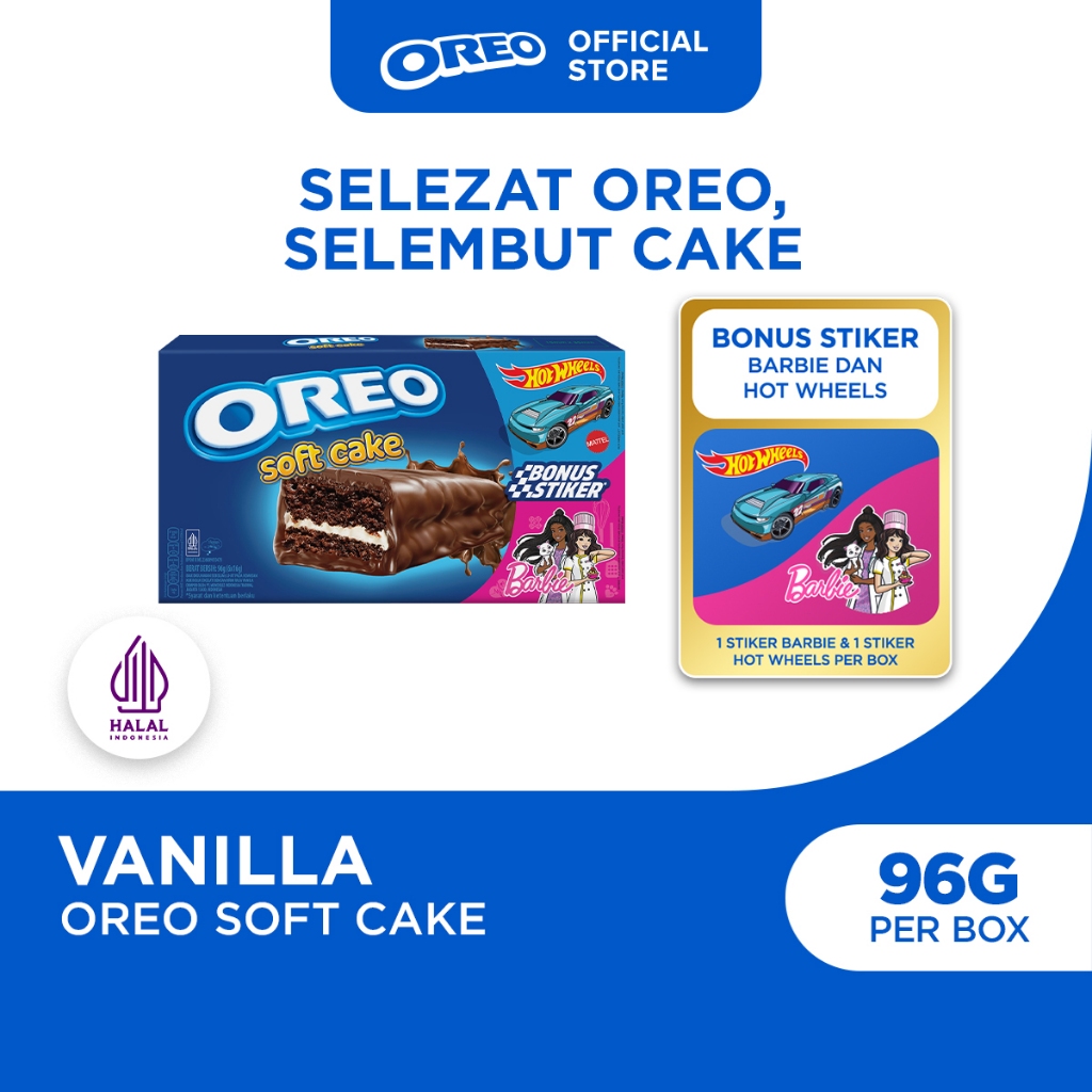 Oreo Soft Cake 96g, Kue Bolu Cokelat dengan Krim Rasa Vanila BONUS Stiker Barbie & Hot Wheels
