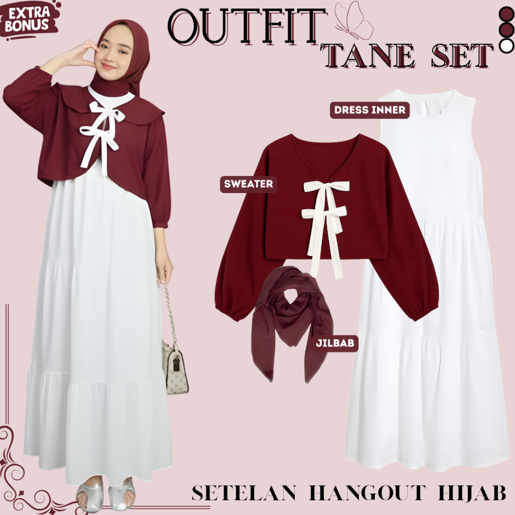 Tane Set Outfit Hijab 3in1 ( Dress + Sweater + Jilbab ) Oneset Wanita Casual Setelan Hijab Kekinian