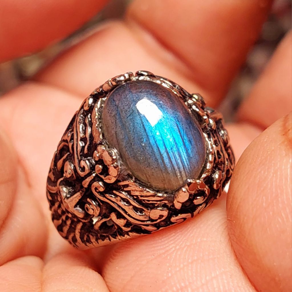 Cincin batu rainbow labrador natural kerlap kerlip biru