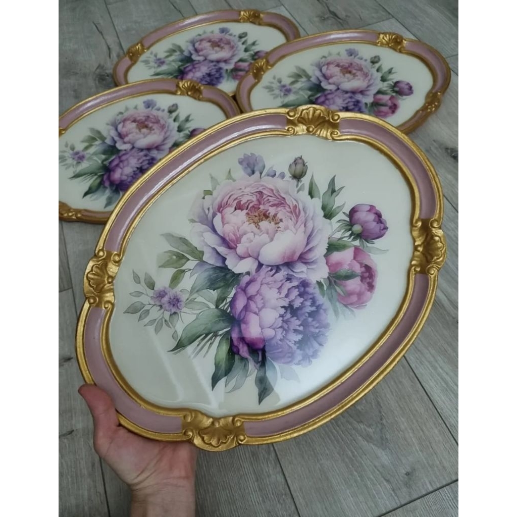 Nampan Mewah Handmade Italy Nampan Pink Nampan Bunga Pink Oval nampan ungu rosewood