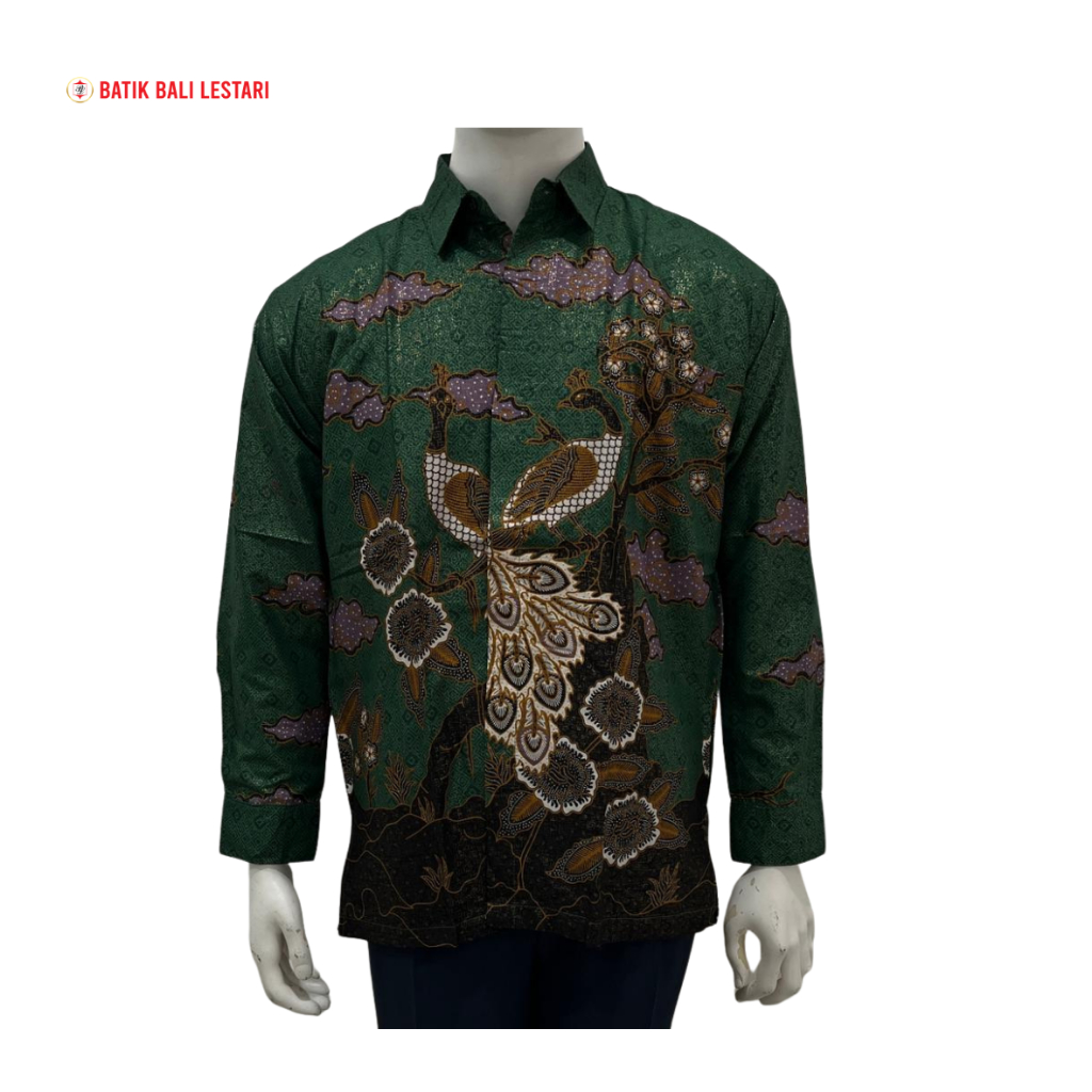 Batik Bali Lestari Kemeja Pria Hijau Tua Katun Prada (PH2)