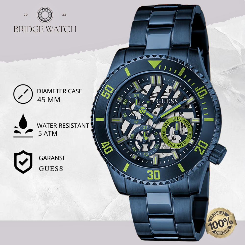 Jam Tangan Pria Guess Axle GW0488G4 Chronograph Navy Dial Stainless Steel Navy Strap Rantai Mewah Or