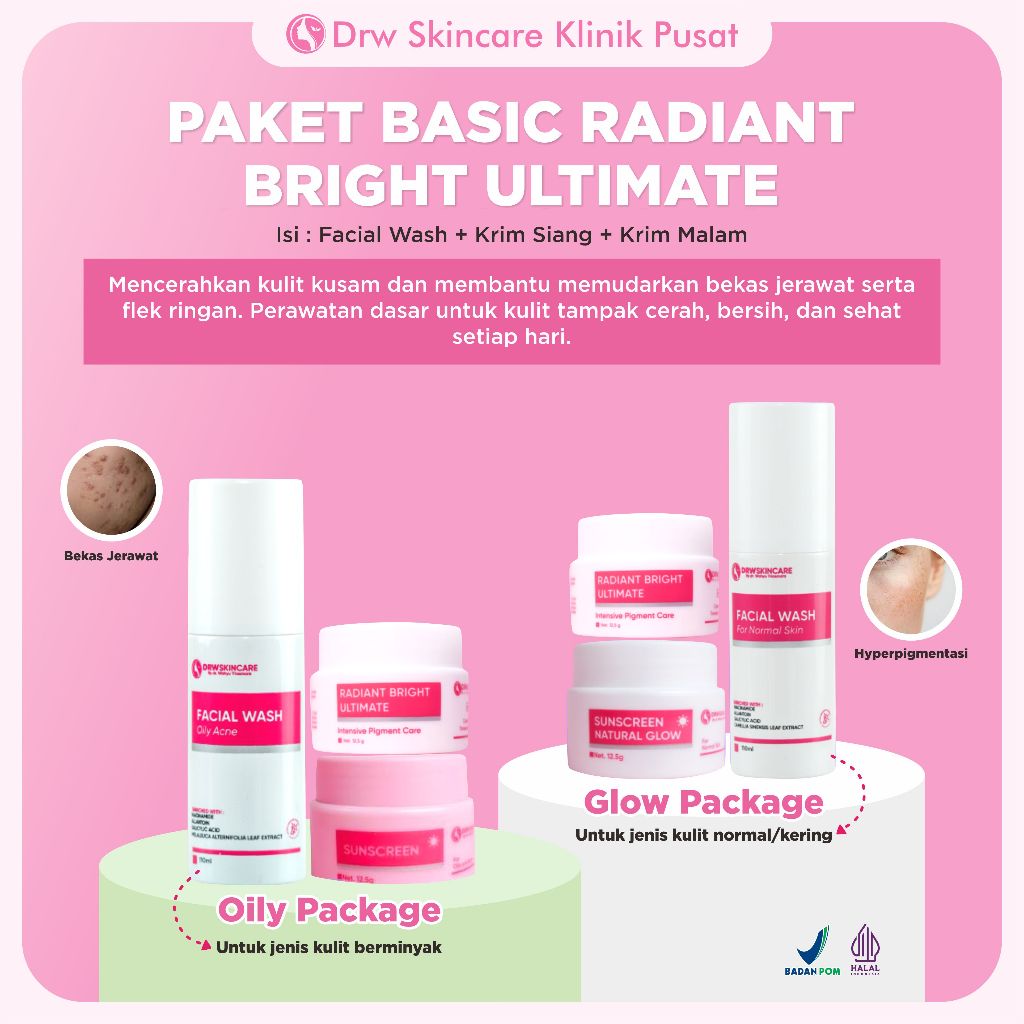 Paket Radiant Bright Ultimate Drw Skincare, Cream pemutih wajah dan mengatasi flek hitam bekas jeraw
