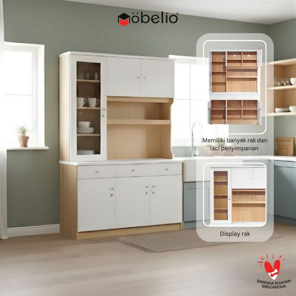 MOBELIO - Kitchen Set Lemari Sayur Dapur 3 Pintu Kaca Minimalis Rak Piring Putih Coklat - 3410