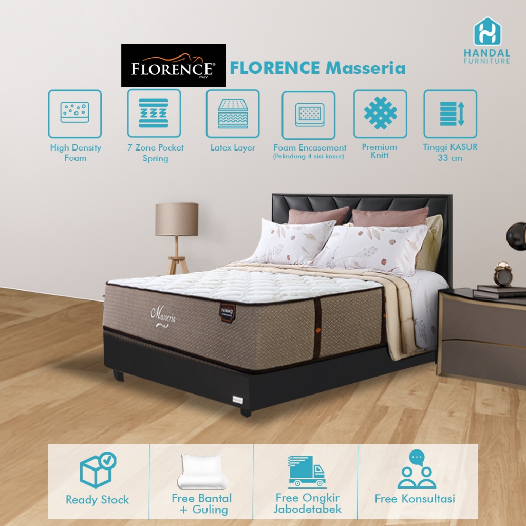 Kasur Springbed Florence Masseria 100x200, 120x200, 160x200, 180x200, 200x200 Pocket Anti Guncang La