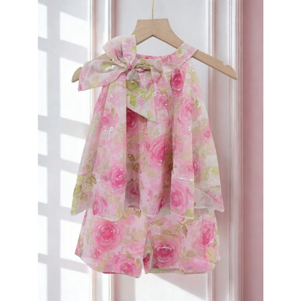 DR23,Dres Setelan Anak Perempuan Korea Style Motif Bunga Glitter Mewah Elegan