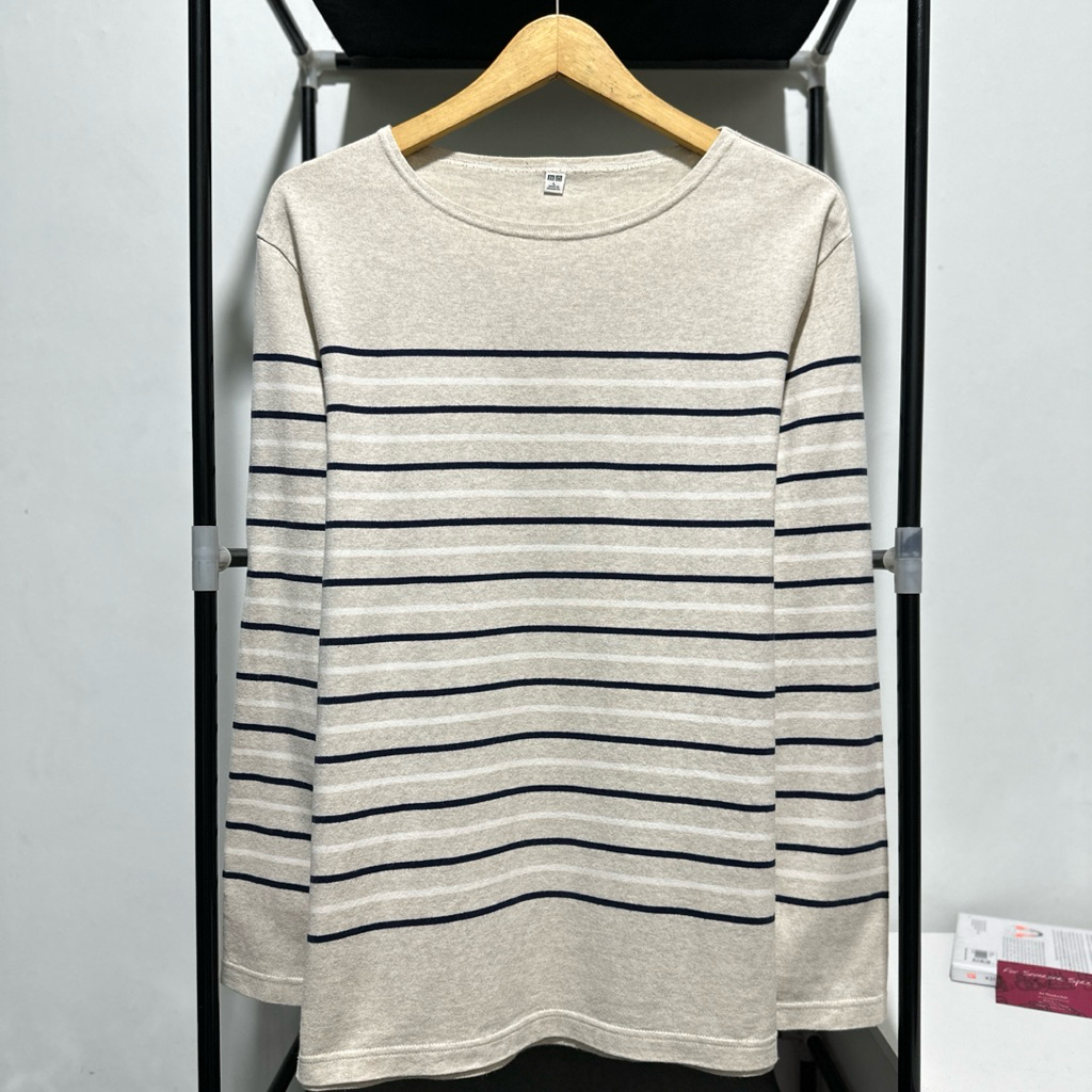 Uniqlo Stripe Beige Long Sleeve L Made In Indonesia