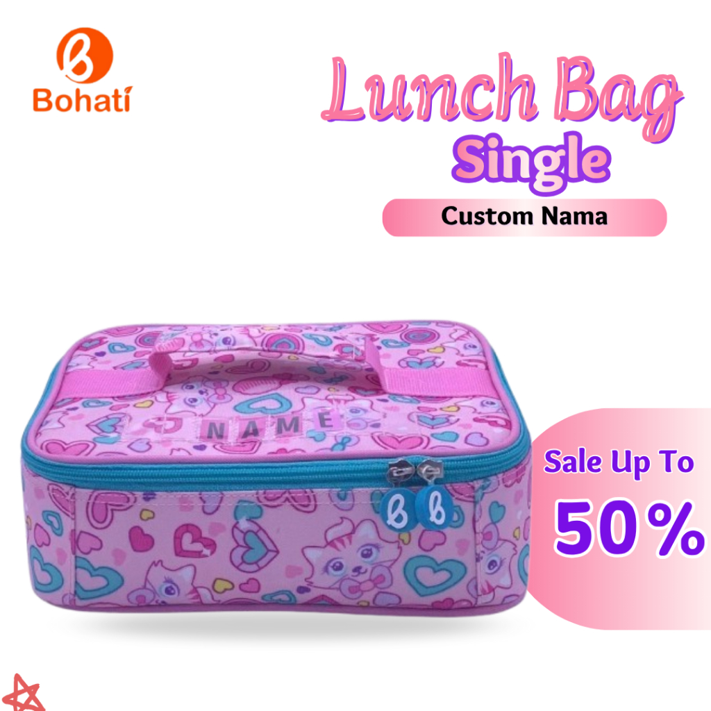 New Produk Tas Bekal Costum Nama I Bohati ( single ) Lunch Bag Pink Cat Kotak Makan