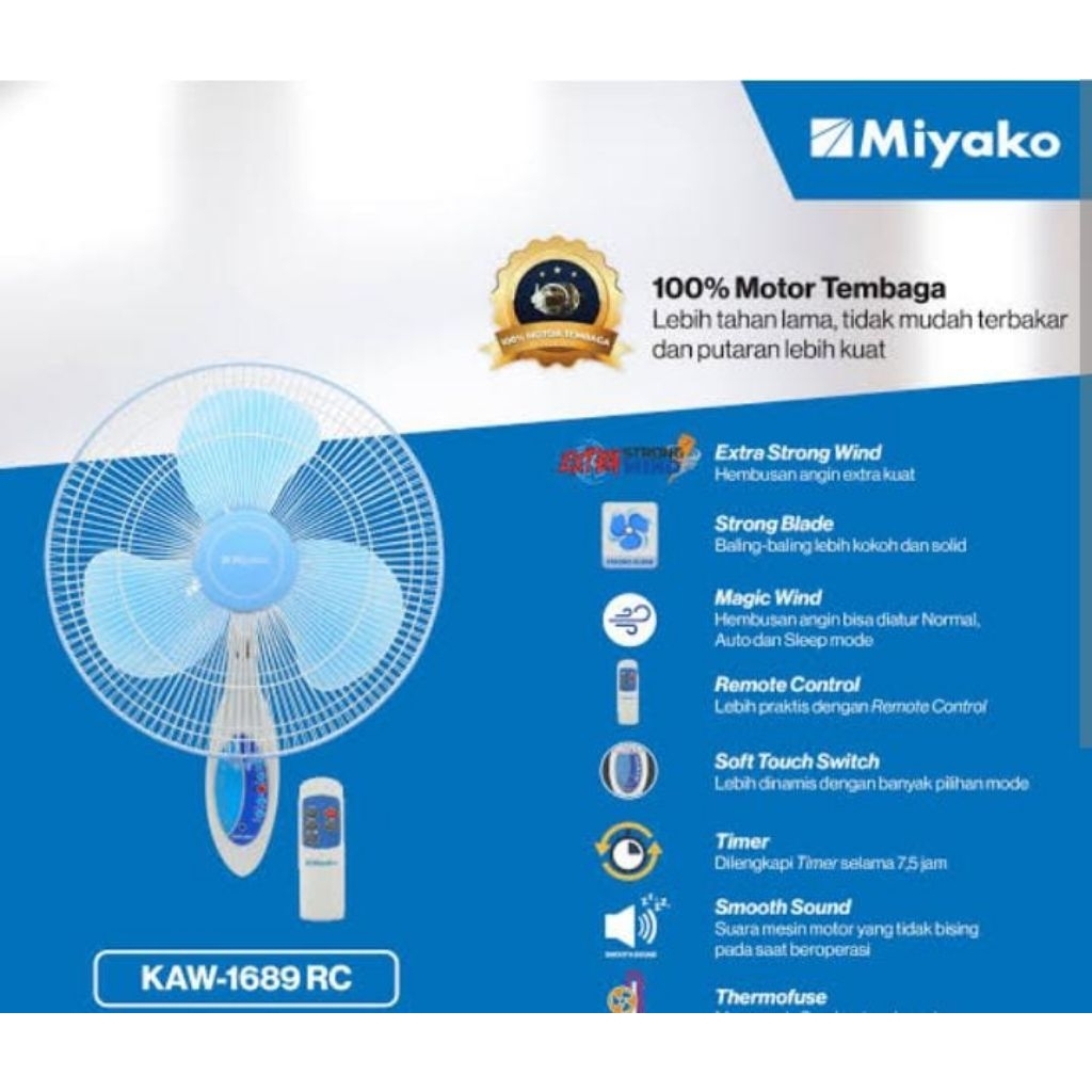 Kipas angin Dinding remot Miyako Kaw 1689 Rc