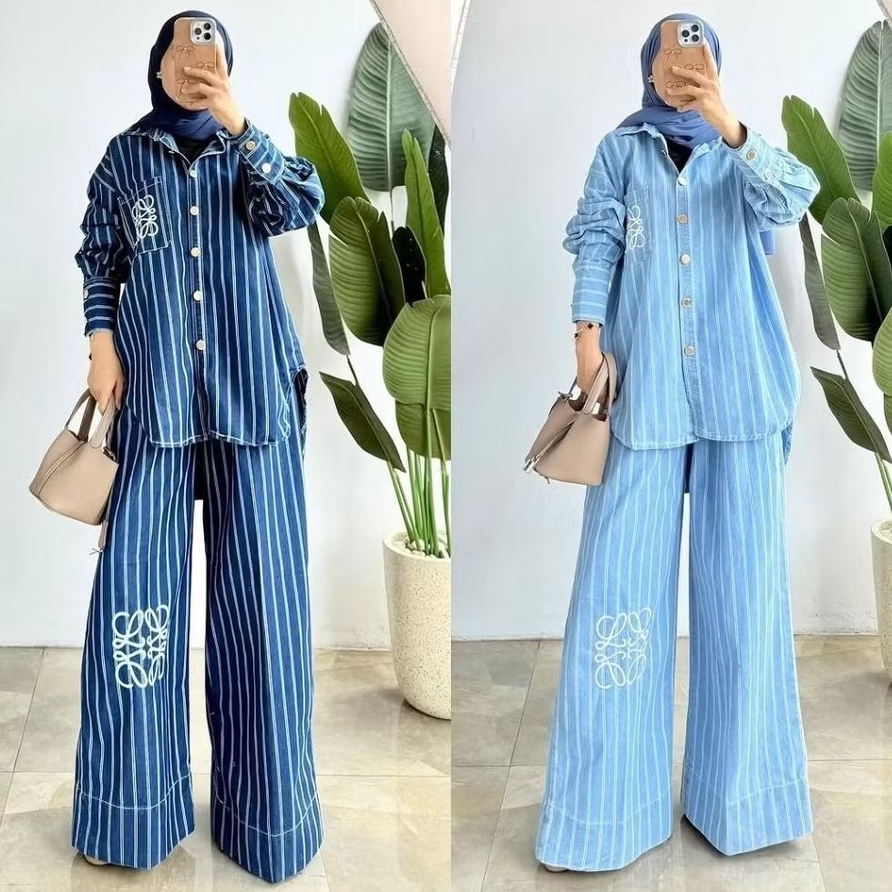 Setelan Wanita Celana Kulot Atasan Kemeja Bahan Soft Jeans Denim Lembut Motif Garis Salur | Stelan W
