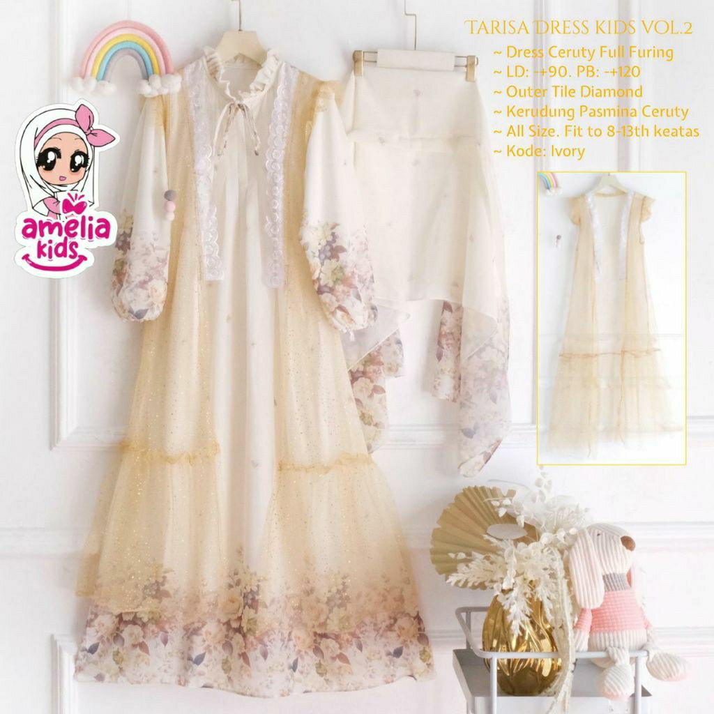 Tarisa set dress anak remaja (inner+outer) gamis ceruty printing motif bunga