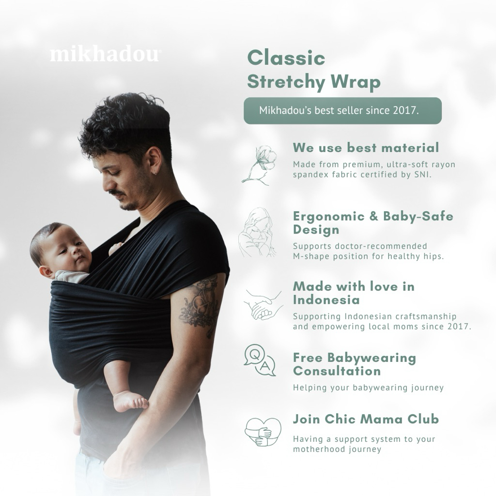Mikhadou Stretchy Wrap - Gendongan Bayi M Shape Black - Baby Carrier