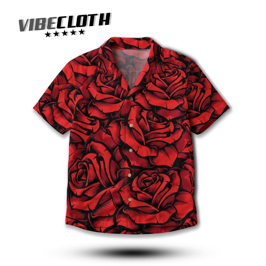 VIBECLOTH Kemeja Pria / Unisex Full Print Motif Bunga Mawar Merah Kemeja Streetwear Stylish & Kekini