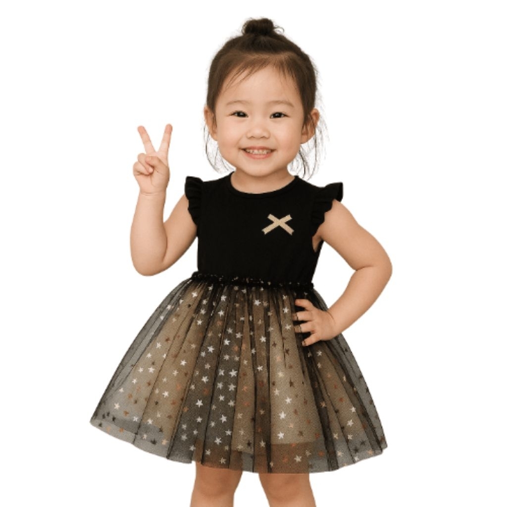 BERRY BEE DRESS GAUN ANAK BAYI BLACK STAR GOLD PANJANG