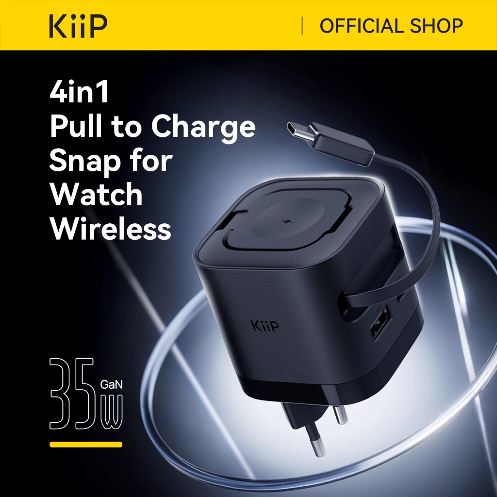 KiiP WH30 3in1 Adapter Fast Charger GaN 35W Retractable Cable Built in Magnetic Wireless Apple Watch