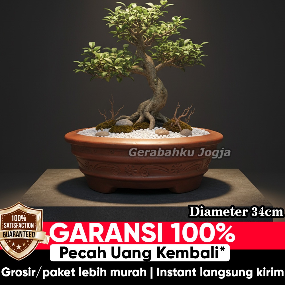 Gerabahku Jogja | Pot Bonsai Tanah Liat Ukiran Etnik Diameter 34 cm – Pot Cekung Gerabah Tembikar Kl