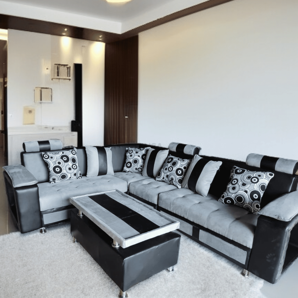 sofa letter L minimalis ruang tamu keluarga santai modern