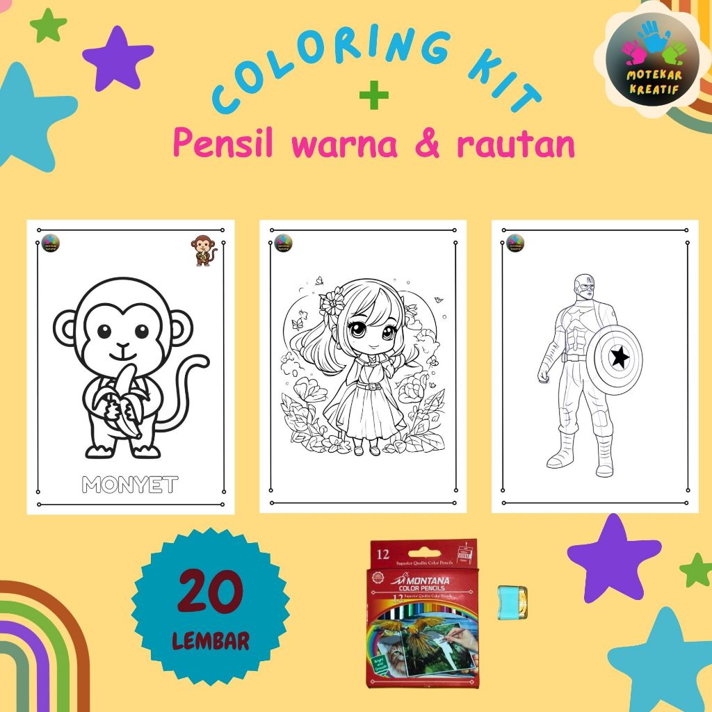 kertas mewarnai 20 lembar + pensil warna + rautan