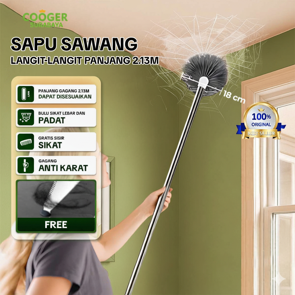 COOGER SURABAYA Sapu Plafon Sawang Stainless Steel Panjang 2 Meter Sapu Dinding Kemoceng Multifungsi