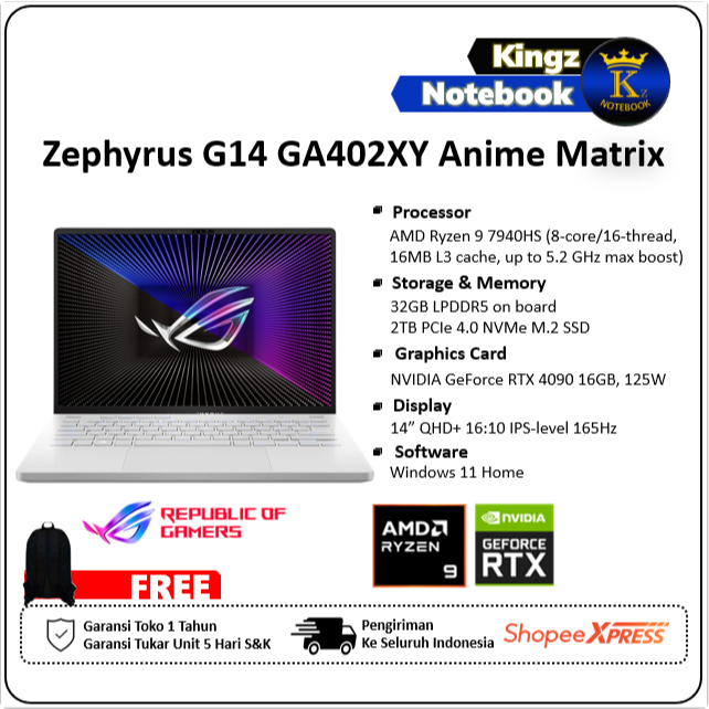 Asus ROG Zephyrus G14 GA402XY AnimeMatrix RTX4090 Ryzen 9 7940HS 32GB 2TB SSD Win11 14" WQXGA 120Hz