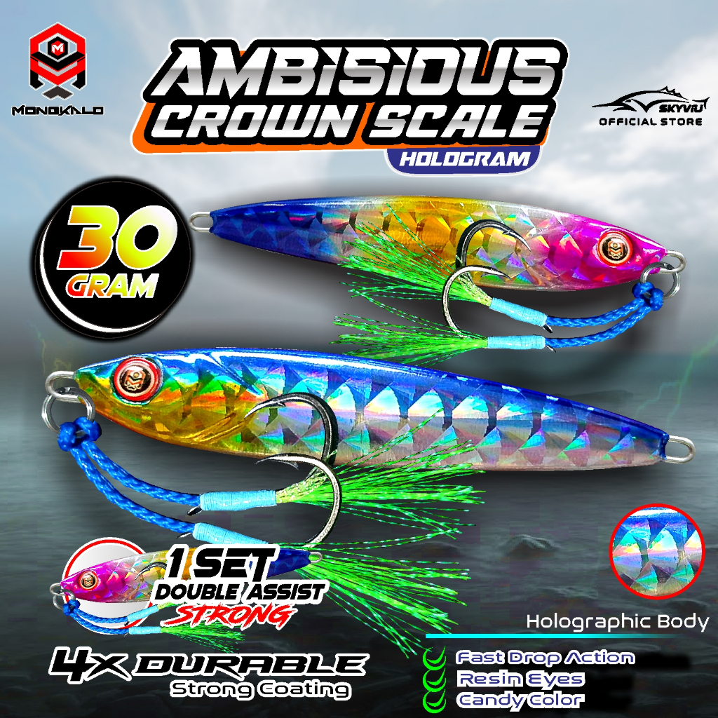 Umpan Jigging 30 gram Metal Jig 30g MONGKALO AMBISIOUS Hologram Sisik Kipas 30gr + Double Assist Hoo