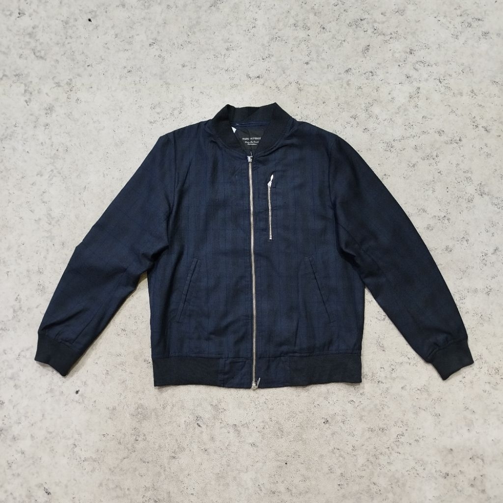Jaket Varsity zip NANO UNIVERSE navy motif garis jaket casual inner furing