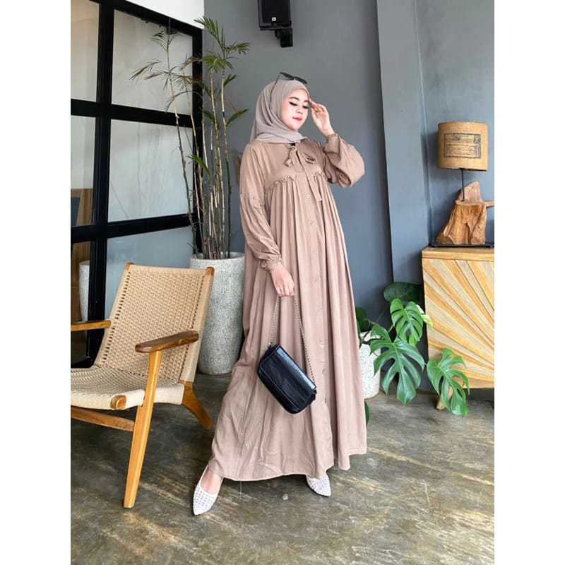 Gamis Wanita Polos Syari Rempel Tali Leher Bahan Adem Gamis Muslim Dress Lengan Balon Busui Kekinian
