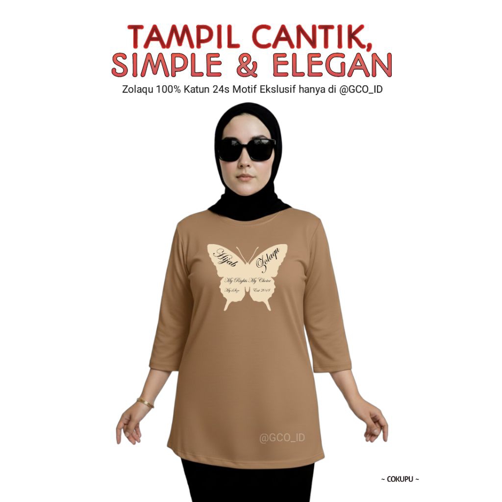 Semitunik Zolaqu Original Wanita Terbaru 2025 Motif Ekslusif | Kaos T-shirt Coklat Kupu Lengan Panja