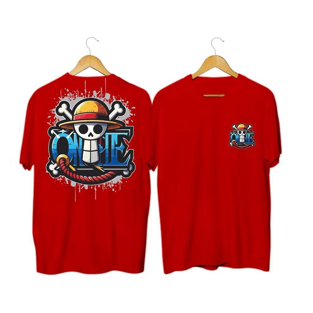 ￼ATASAN KAOS OBLONG GAMBAR BENDERA TOPI JERAMI ONE PIECE COWOK DEWASA LENGAN PENDEK DEPAN BELAKANG U
