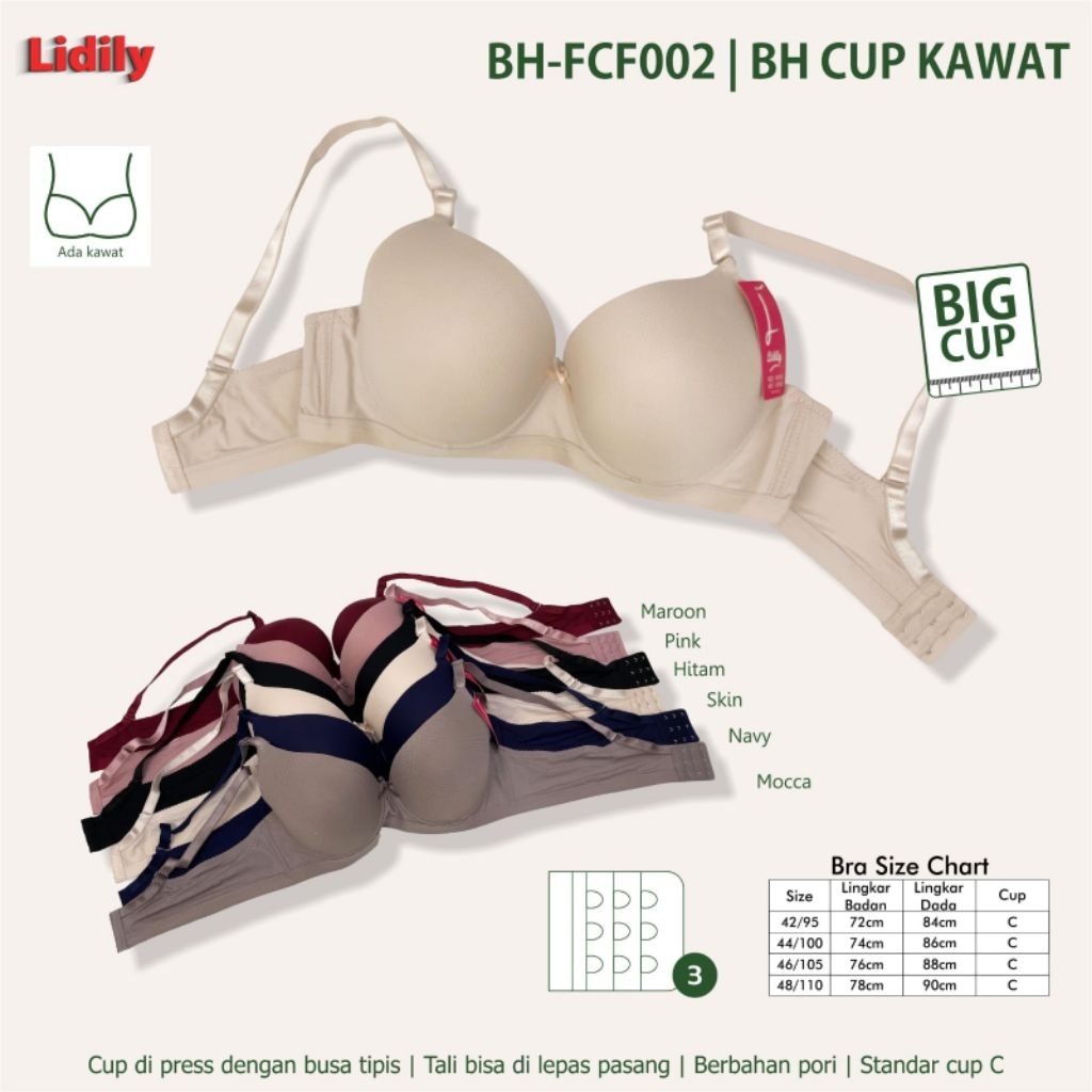 Lydyly Big Bra BH FCF 002 berpori Kawat Busa Sedang Kait 3 Cup C-D 3/4 ukuran42-48