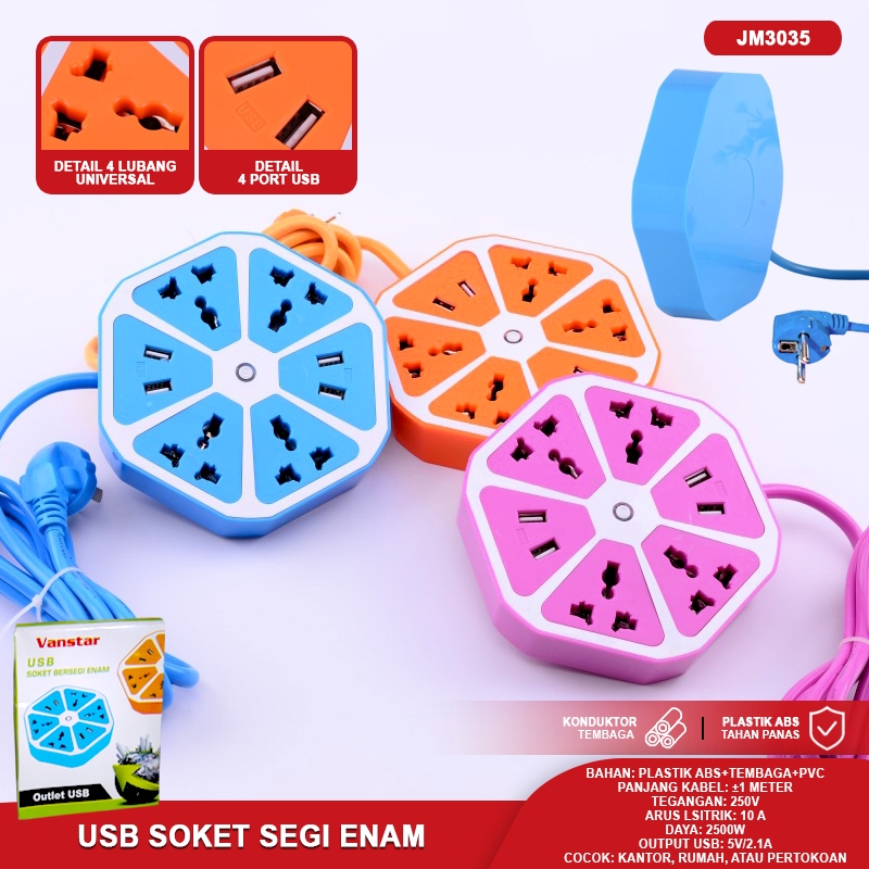 Stop Kontak & USB Soket Segi Enam Stop Kontak Saklar ON/OFF Colokan Multifungsi Vanstar Atn SNI