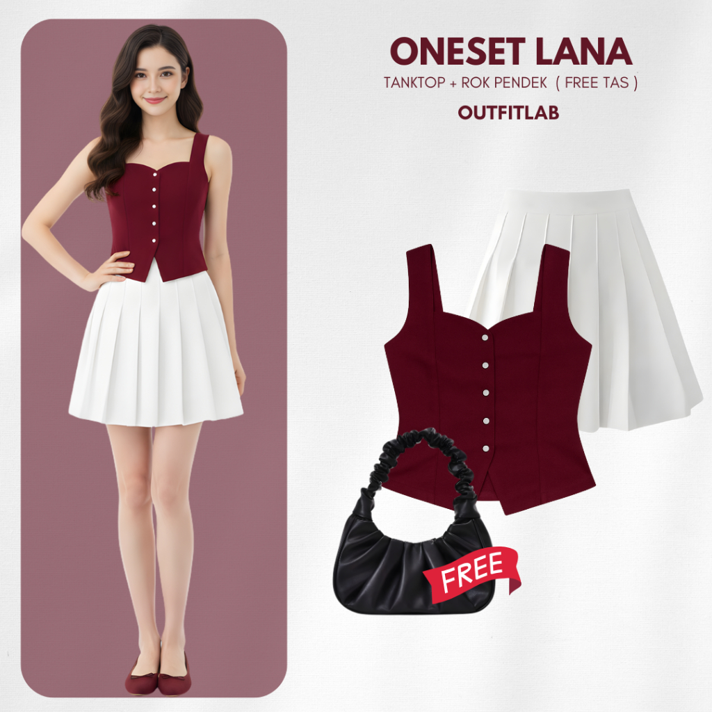 Outfit Set Lana Maroon ( Tanktop + Rok Pendek + Free Tas ) One Set OOTD Hangout Kekinian Ala Korea