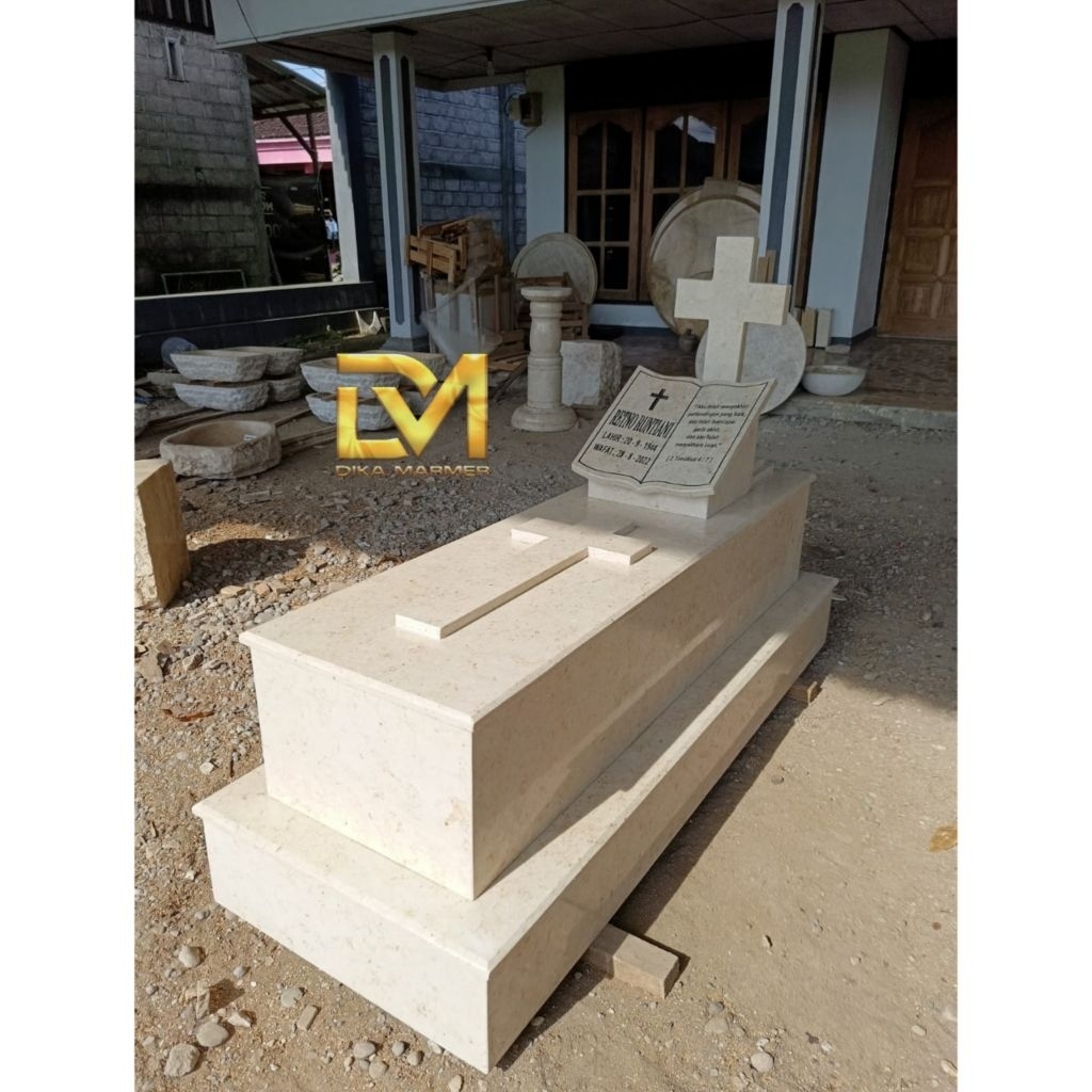 Kijingan Makam Kristen Model Buku & Salib Bahan Batu Marmer Putih Super